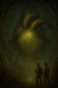  the colossal ribcage cavern, facing the glowing heart-engine