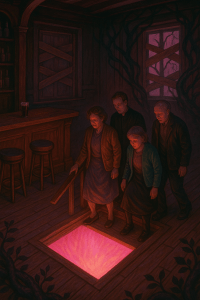 the last four townsfolk descending into the glowing cellar