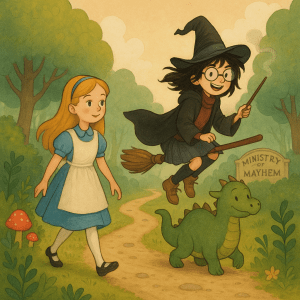 Alice of Wonderland fame meets Harry (Harriet) Rotter, the girl wizard