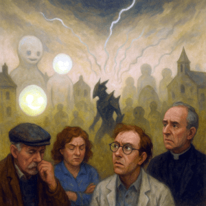 ChatGPT said: Chapter Nine — The Scent Thickens By the next morning, Ballykillduff smelled like a bakery that had been locked for a hundred years and then set gently on fire. The burnt-custard scent was so strong it clung to the back of the throat, leaving a sticky sweetness that made people feel oddly nostalgic for things they had never experienced—like summer afternoons in gardens they’d never visited, or childhood pets they’d never owned. It was coming from everywhere. The foam left pale streaks of it as it slid along walls and doors. The Bubble Men seemed to exhale it, their glassy orbs glowing slightly brighter with every whistling note. Even the angular creature from the silo trailed a faint ribbon of the smell in its wake, as though marked by the village itself. And the scent did more than linger—it changed people. At Hanrahan’s Bakery, Mr Hanrahan stopped mid-roll of pastry, blinked, and announced that he was a walrus. Not metaphorically. Not joking. Just a walrus, temporarily trapped in human form. At the pub, half the patrons began reminiscing about events that hadn’t happened yet, such as the “great cheese storm” of 2027 and the time the GAA pitch was replaced by a glass lake full of singing trout. Children in the schoolyard were overheard arguing about whether they were currently in Ballykillduff at all, or if they’d all been swapped with children in “the other Ballykillduff” last night while they slept. Jimmy McGroggan was not immune. He’d been pacing the community hall, sketching diagrams of impossible machines, when he suddenly remembered—with absolute certainty—building a version of the Harmoniser that was shaped like a giant teacup. The memory was so vivid he could smell the tea steam. “None of this happened,” Breda told him, clutching her nose against the scent. “It happened somewhere,” Jimmy replied, eyes bright. “The smell is rethreading our memories—replacing them with events from other… configurations.” “Configurations?” “Versions of Ballykillduff. Versions of us.” Through the window, the tear in the sky was visibly wider, a frayed slit spilling chartreuse light onto the rooftops. The tendrils from its edges now brushed buildings, leaving faint glowing marks on the stone. Wherever they touched, the burnt-custard scent intensified. The Bubble Men hovered close, their smiles twitching in strange synchrony. Every so often, one of the orbs would drift upward toward a tendril, touch it, and flicker—as though syncing itself to the tear. The foam-figures had multiplied again. There were now six, each stationed at a different point in the village, all facing inward, as if guarding a central space. The angular creature from the silo stood in that space, perfectly still, its jagged silhouette outlined by the drifting tendrils above. Father Flaherty entered the hall with a grim expression. “It’s in the church now. The smell. It made Mrs O’Shaughnessy tell me she once married a cloud.” Jimmy looked up sharply. “That’s it. That’s the next stage.” Breda pinched the bridge of her nose. “Next stage of what?” “The Scent Spiral,” Jimmy said. “First, it disorients. Then it rewrites memories. Finally, it uses those rewritten memories as anchors. That’s how they pull the new reality through.” “They?” Breda asked. Jimmy didn’t answer. He just glanced out at the Bubble Men, their smiles fixed, their glassy heads bobbing in rhythm with the squeaks in his skull. The smell grew stronger. And somewhere deep in Jimmy’s bones, he felt the shift—like a thread being tugged through the weave of the world, unpicking and resewing in the same motion.